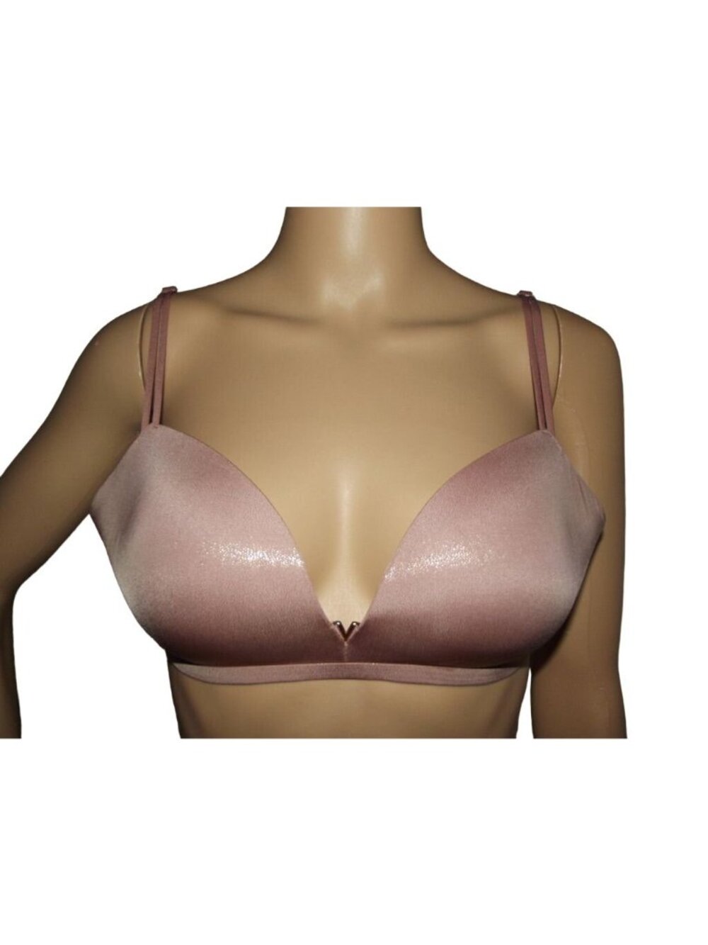 Victoria's Secret Bra Sz 32D Rose Pink Padded No Wire Bra Shimmer Gold V Accent